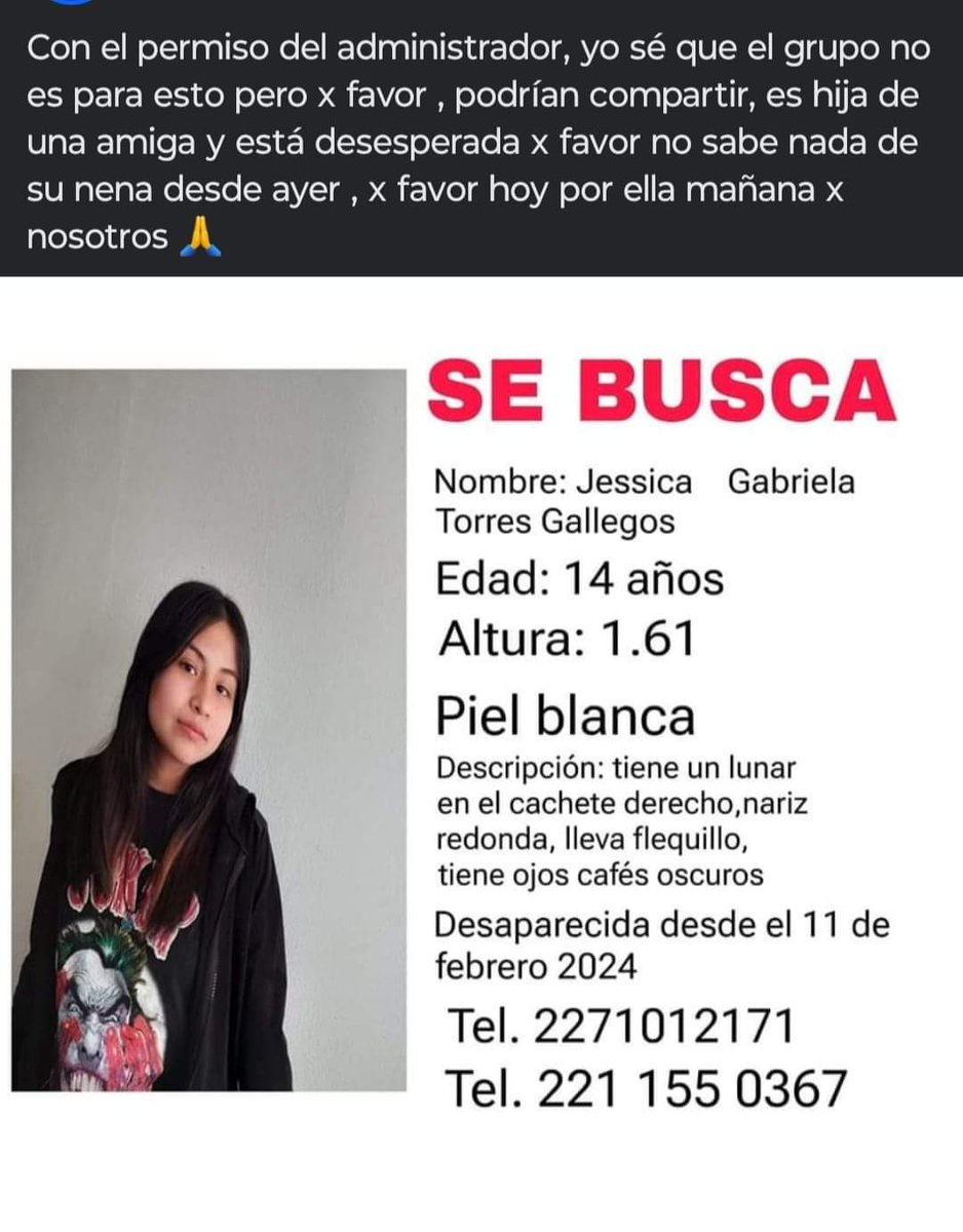 pueblarojamx's tweet photo. 🙏🏻 #COMPARTE|| Urge localizar a Jessica Gabriela de 14 años de edad. 
Fue vista por última vez el 12 de febrero: 👇🏻 https://t.co/I97dNcQ1t9