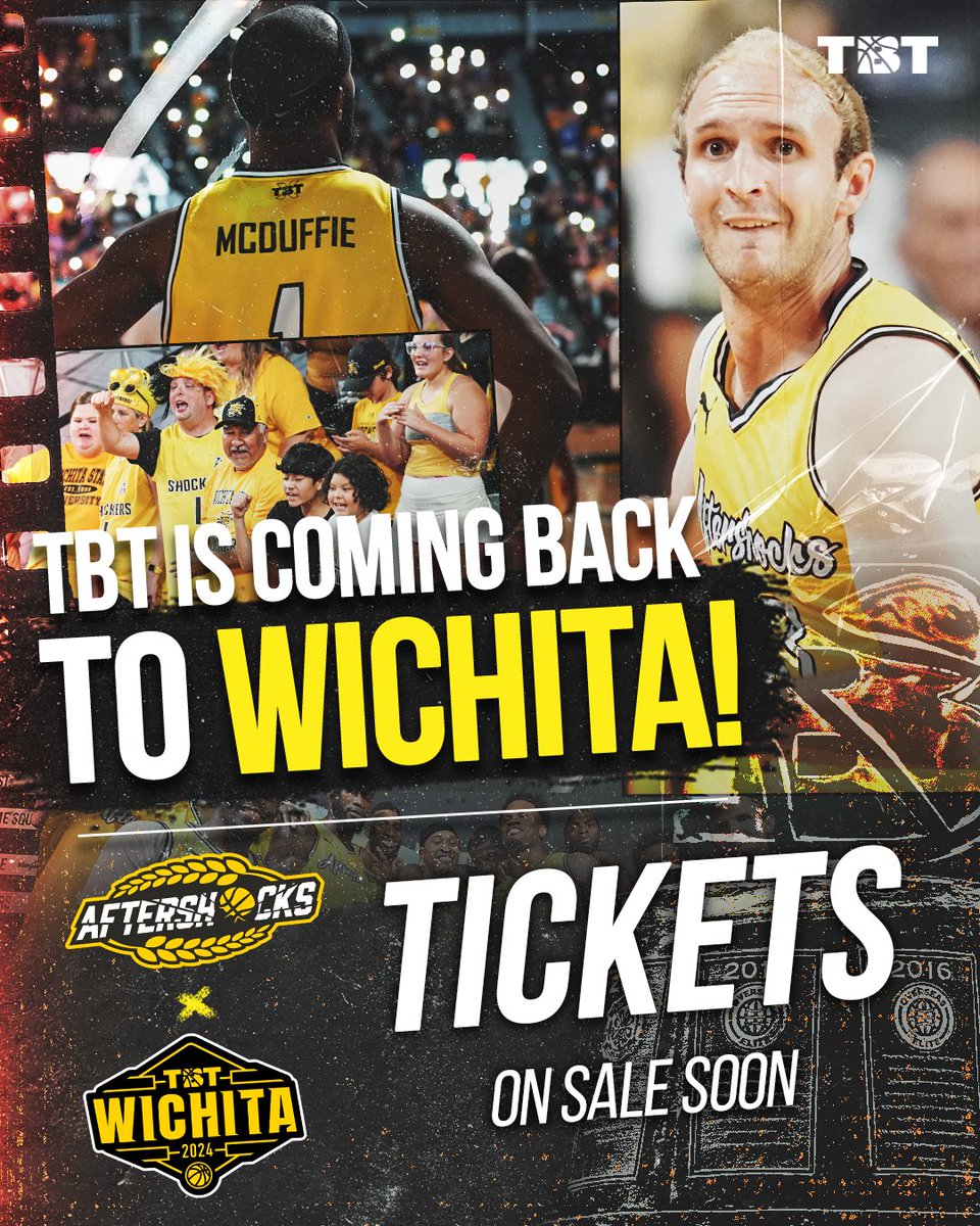 thetournament's tweet photo. Hey Wichita, we’re coming back… AGAIN‼️

Last summer you set the single game TBT attendance record (7,202) but this summer, Markis McDuffie &amp; the rest of @AfterShocksTBT want to pack Charles Koch Arena with 10k+ fans!

🌾July 19-24🌾

Ticket Waitlist: https://t.co/bddggDbxtL https://t.co/pbynKOMFrN