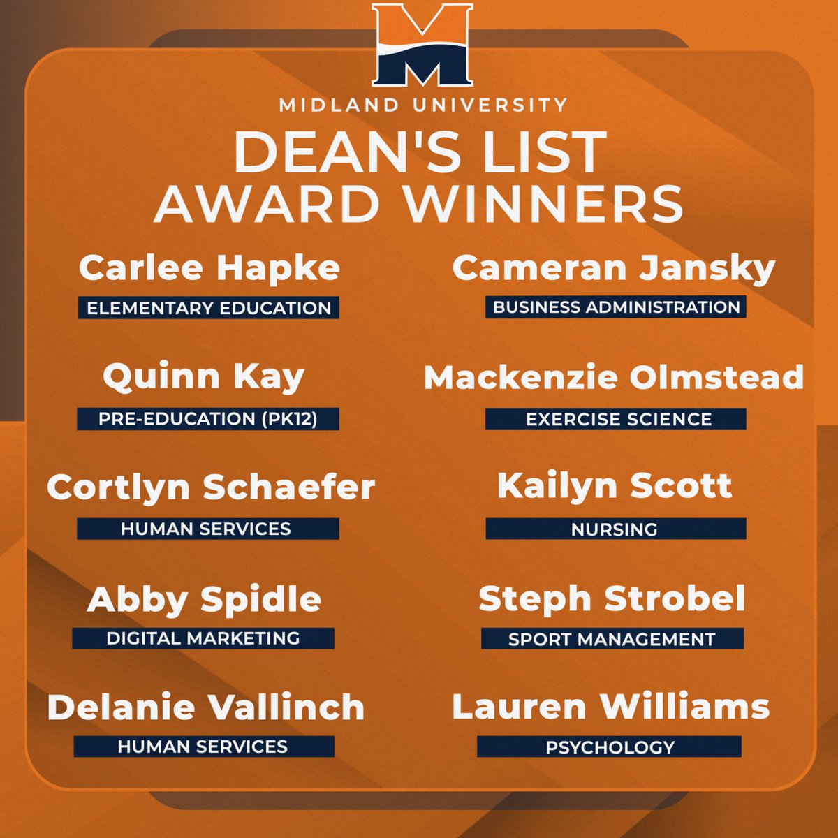 Teacher’s Pets. 🤓🍎📝 Congrats to these Warrior volleyball players for earning Midland University academic honors for their efforts in the classroom this past fall. 🔵 President’s List (4.0 GPA) 🟠 Dean’s List (3.5+ GPA)
