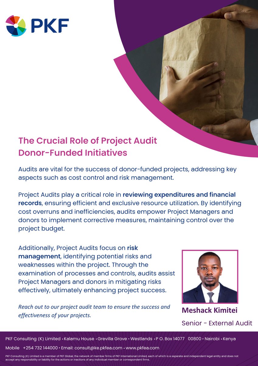 PKFEA's tweet photo. Why your donor-funded project needs a project audit. π―
Explore the crucial link between project audits and effective cost control and risk management in your donor-funded projects.
#ProjectAudit #RiskManagement #PKFInsights https://t.co/590rH33NGQ