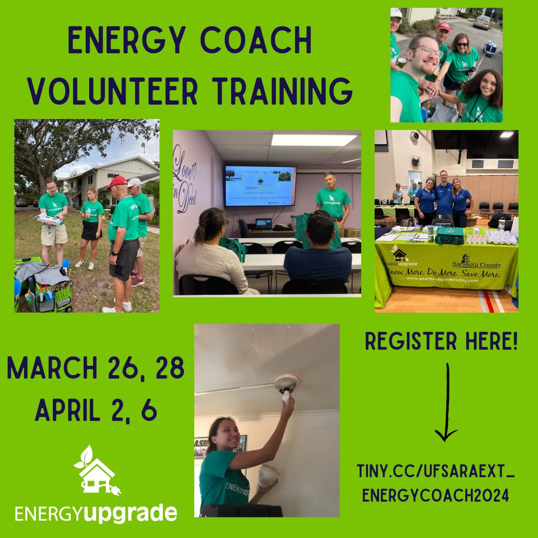 Join us as an Energy Coach Volunteer! 💪✨Enroll in our 4-part program to ignite change. Drive energy efficiency and create a sustainable future. 
Register now! tiny.cc/ufsaraext_ener…

@SRQCountyGov @ufifas_solutions
#EmpowerSaveRepeat #ufsarasotaext #ufsarasotaext_sustain