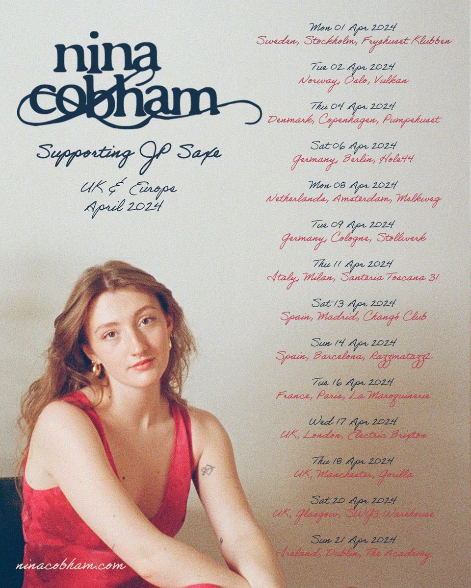 I’m supporting <a href="/jpsaxe/">JP Saxe</a> around Europe in April !!!!!! excited is an understatement ♥️ tickets are live on ninacobham.com now !! 🌷🌷🌷