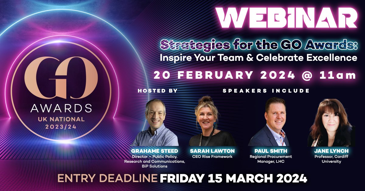 As we count down to the submission deadline for the #GOAwards, join us on 20 February for exclusive insights on the benefits of entering and how to create a winning entry at the UK's leading public #procurement awards. 

Register for the free webinar here: tinyurl.com/3uhvu7bx