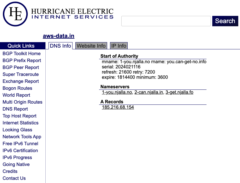 Suspicious domain aws-data[.]in was registered through Njalla on 2/11 and resolves to 185.216.68[.]154.