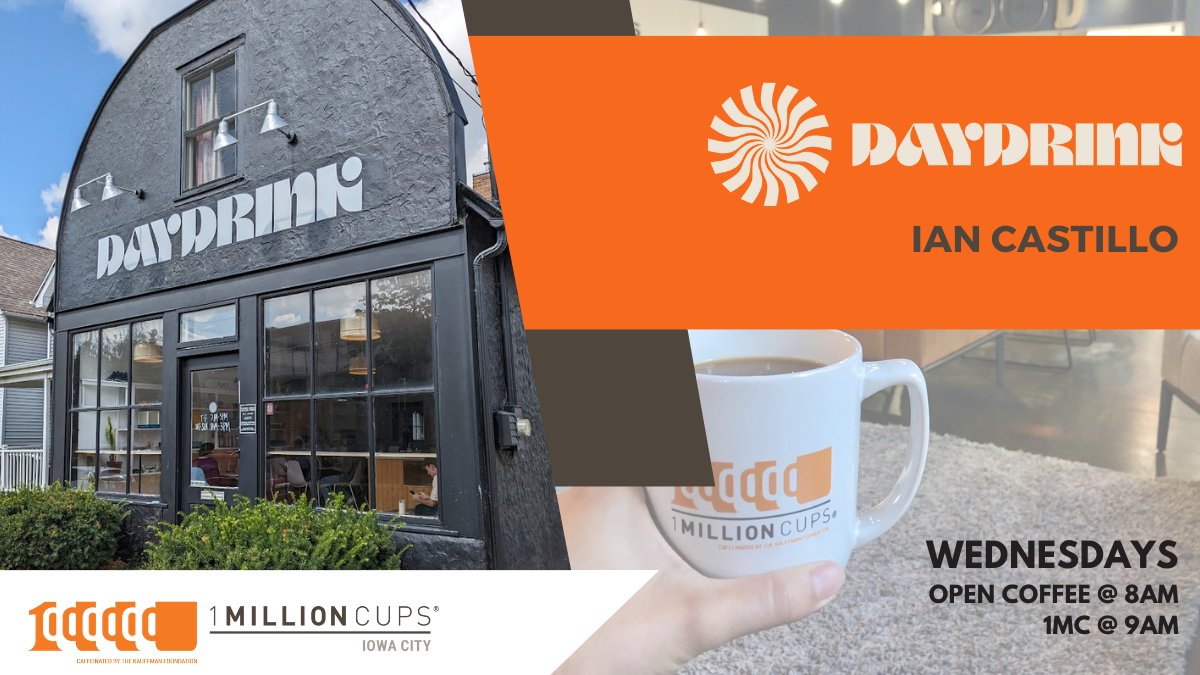Road trip!🚗💨 This week's 1 Million Cups will be held at Daydrink Coffee - Bowery St. (518 Bowery St, Iowa City, IA 52240). Join us to hear from Ian Castillo, Co-Owner of Daydrink, to hear a REFILL presentation about their business.

Open Coffee @ 8:30am | Presentation @ 9am