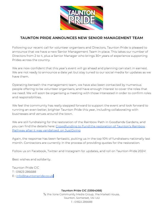 TAUNTON PRIDE ANNOUNCES NEW SENIOR MANAGEMENT TEAM: #pride #taunton #Somerset
