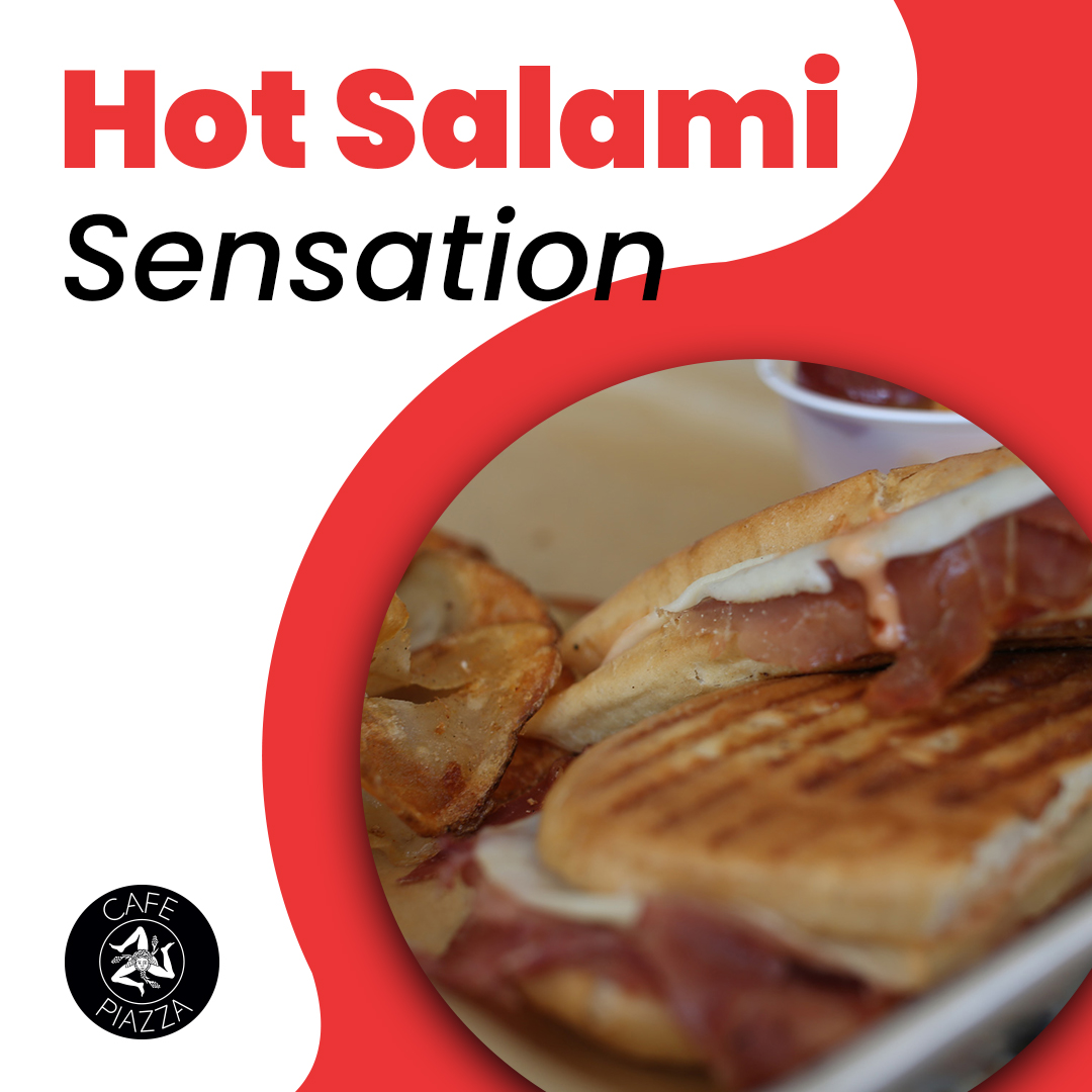 Spice up your day with our Hot Salami panini! Packed with Volpi salami, zesty giardiniera peppers, mustard aioli, and melty provolone, it's a burst of bold flavors! #HotSalamiPanini #SpicyDelights