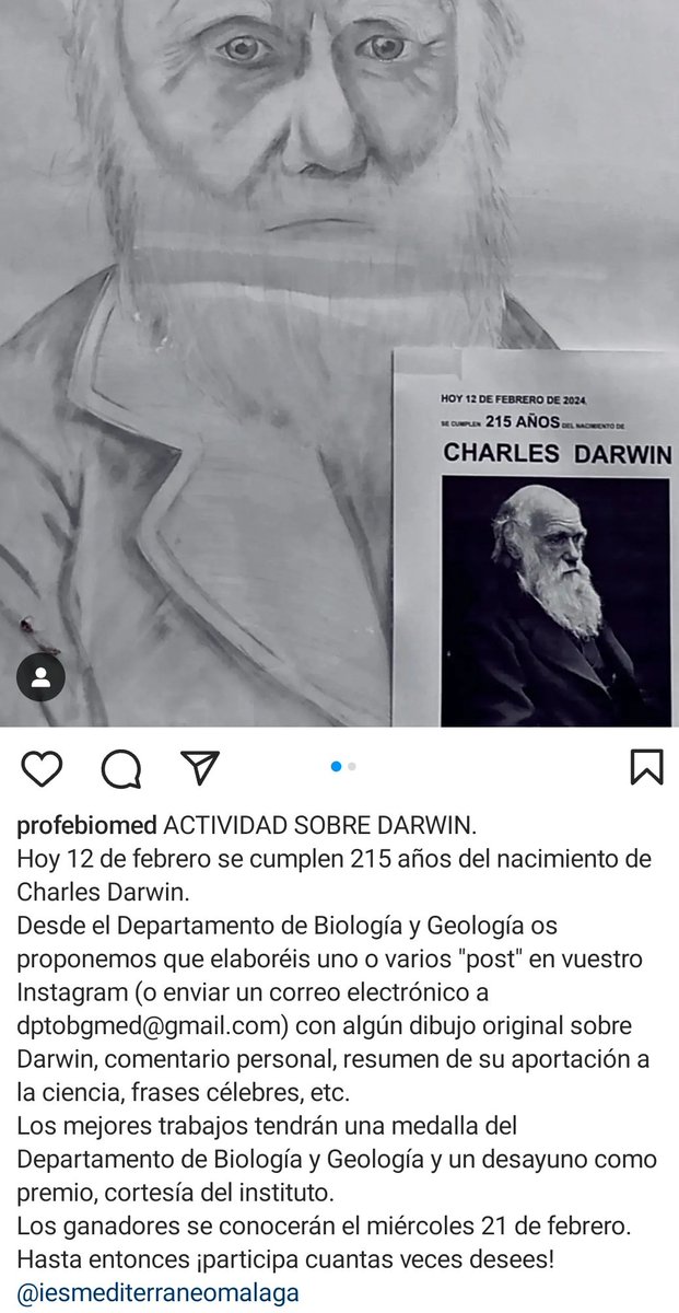 antonioescamez's tweet photo. Actividad educativa en el instituto sobre el 215 aniversario del nacimiento de Charles Darwin.
@IESMeditMalaga https://t.co/kZcWICxe0I