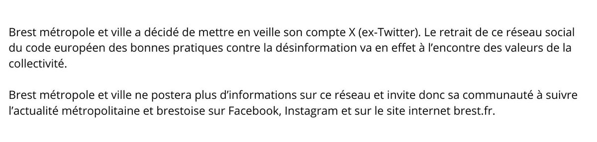 Brest métropole et ville a décidé de mettre en veille son compte X (ex-Twitter). Nous vous invitons à lire le message ci-dessous. 👇