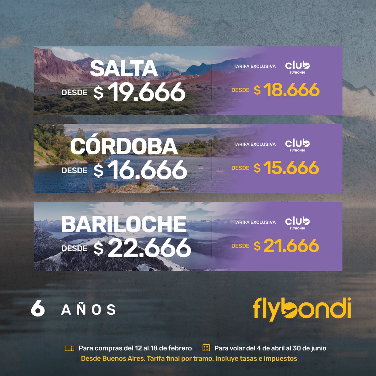 flybondioficial's tweet photo. Seguimos festejando nuestro cumple a lo grande 🎉 ¿Estás listo para una semana de promos increíbles? 😱

Bondi, mandale click acá 👉🏻 https://t.co/HMGxE8WShU y disfrutá de Argentina más #UltraLowCost que nunca 🛫💛

#NuestroCumple #Flybondi https://t.co/kxiLNoGmeJ