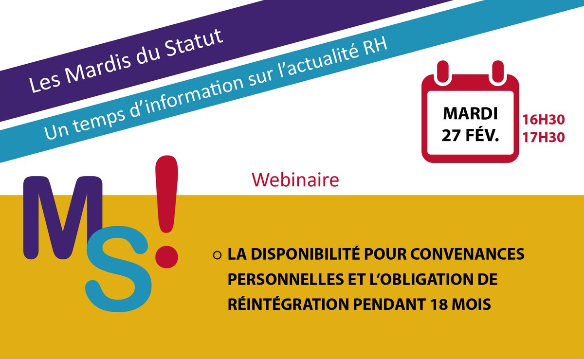cdgfpt_31's tweet photo. #LesMardisDuStatut - Mardi 27 février, de 16h30 à 17h30

Le #CDG31 propose un temps d'échanges en visioconférence.

Au programme :
La disponibilité pour convenances personnelles et l’obligation de réintégration pendant 18 mois

👉 Pour s'inscrire : https://t.co/GB6O3CsLew https://t.co/dtxJz3Qvuk