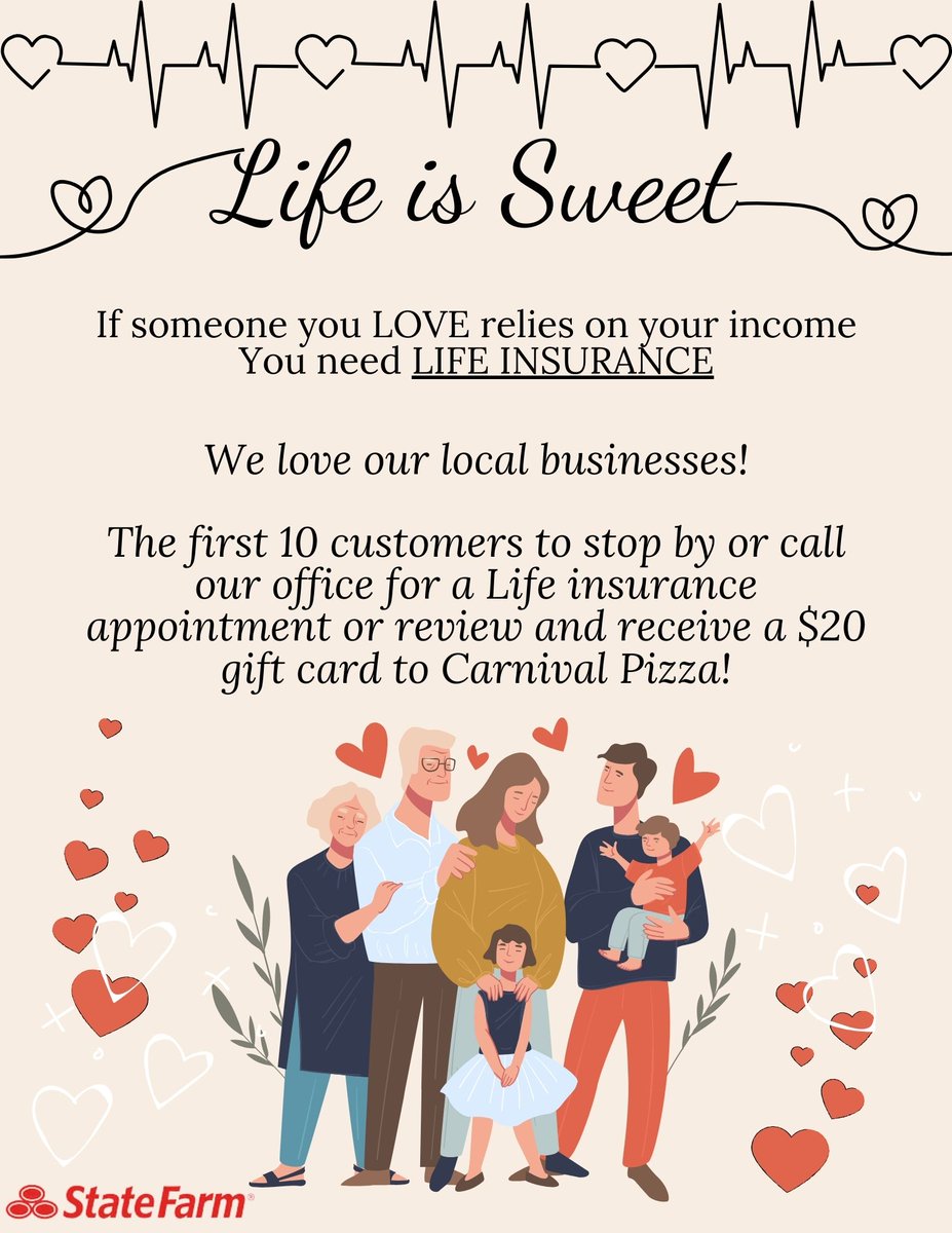 AgentRaffone's tweet photo. Life is Sweet! The first 10 people to stop by or call our office for a Life insurance appointment or review will receive a $20 gift card to one of our favorite local restaurants: Carnival Pizza! Whether you're a loyal customer or someone new, we invite you to contact us! https://t.co/3Yw8eufWHA