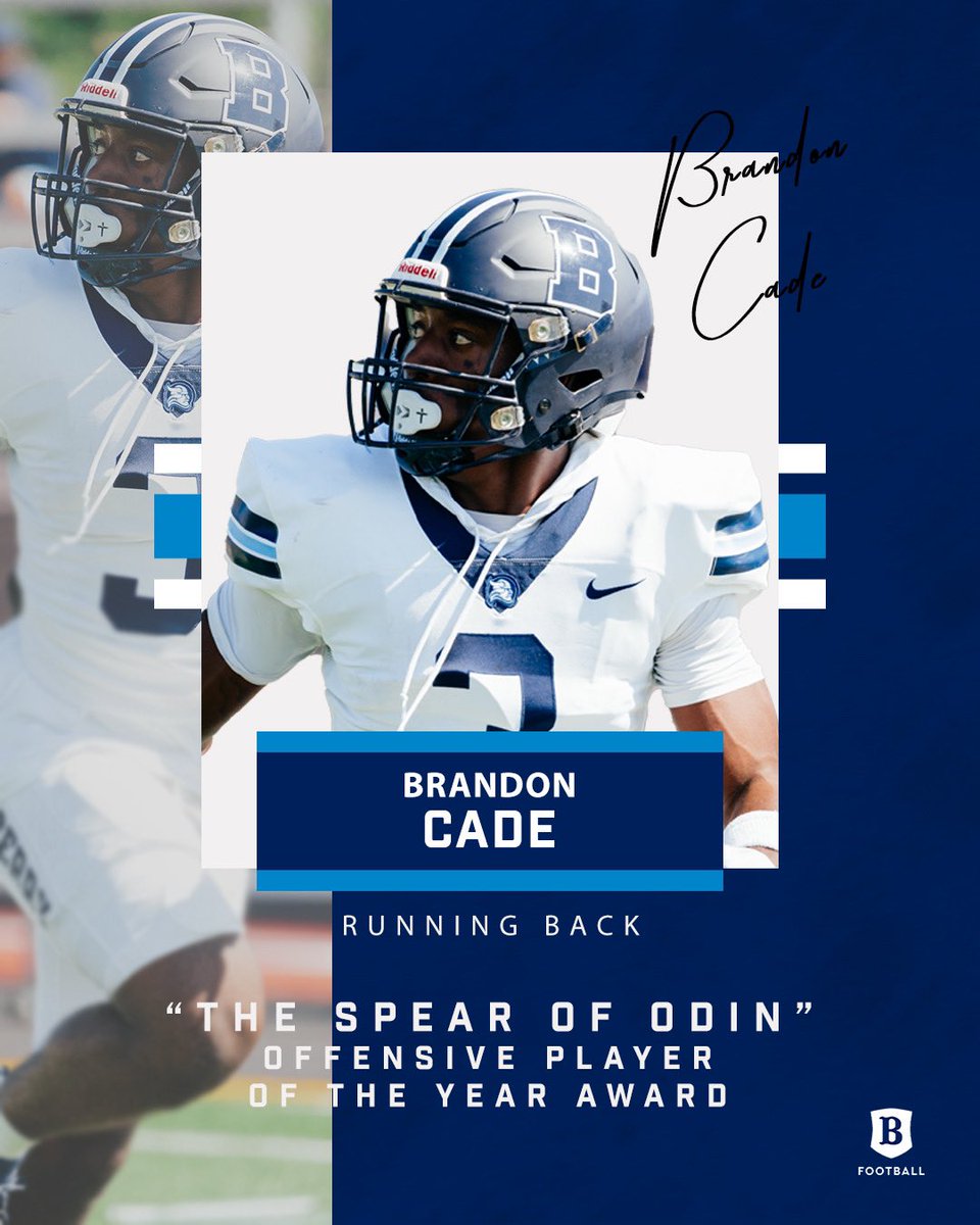 Congratulations Brandon Cade, on winning this year’s “The Spear of Odin” Offensive Player of the Year Award!🔵⚪️

#BerryFootball #BUILD #KeepClimbing #d3fb #TeamAwards