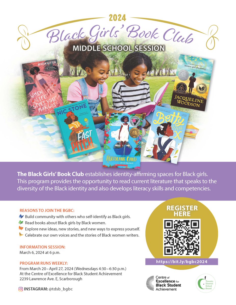 The 2024 Black Girls' Book Club Middle School Session is now accepting registrations. 

Apply today: bit.ly/bgbc2024
#tdsbcebsa #tdsb