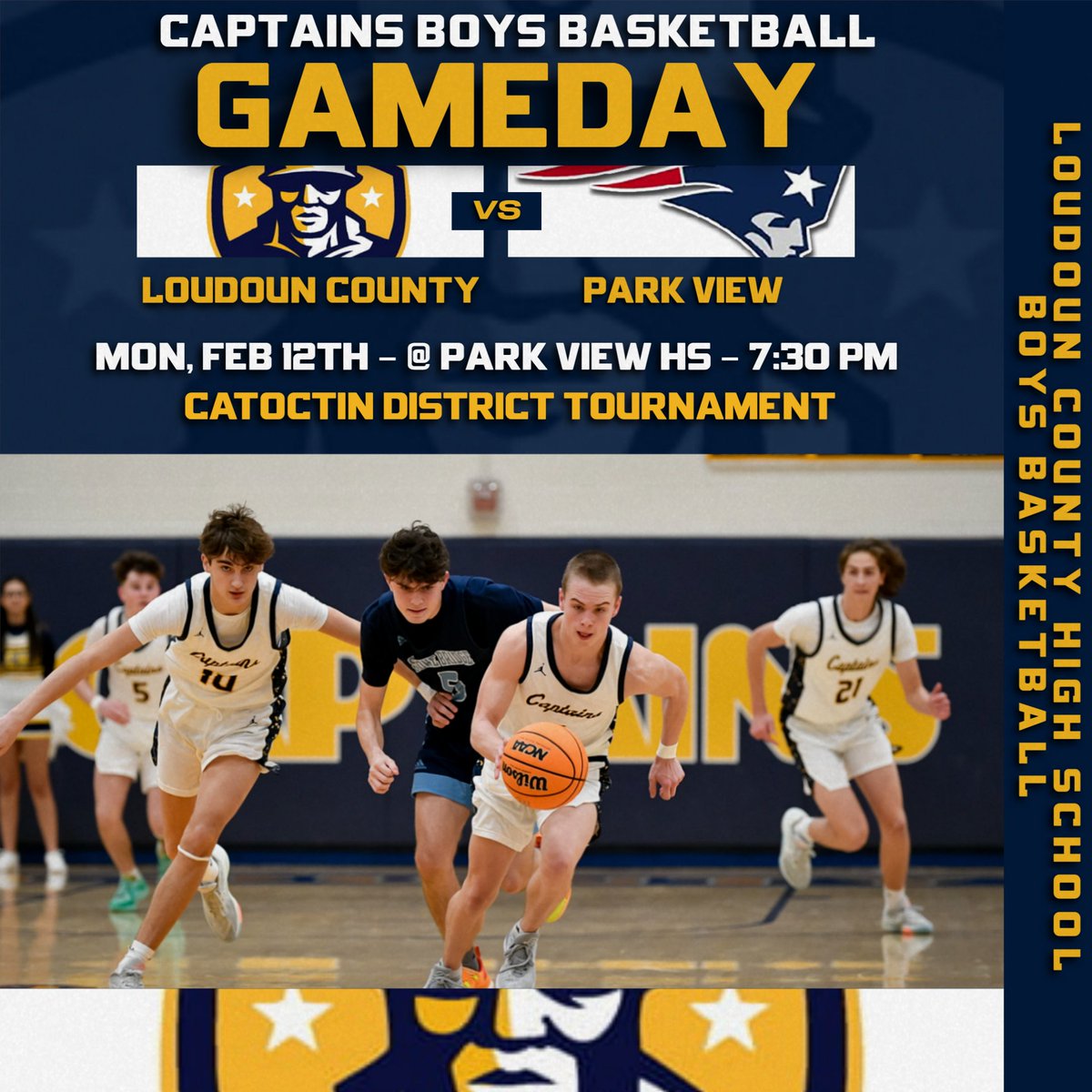 Tonight the Captains Boys Basketball Team travels to on the Patriots of Park View HS in the opening round of the Catoctin District Tournament! Game time is scheduled for 7:30. Good luck Captains! #IGTBACC

Photo Credit: jklimphotos