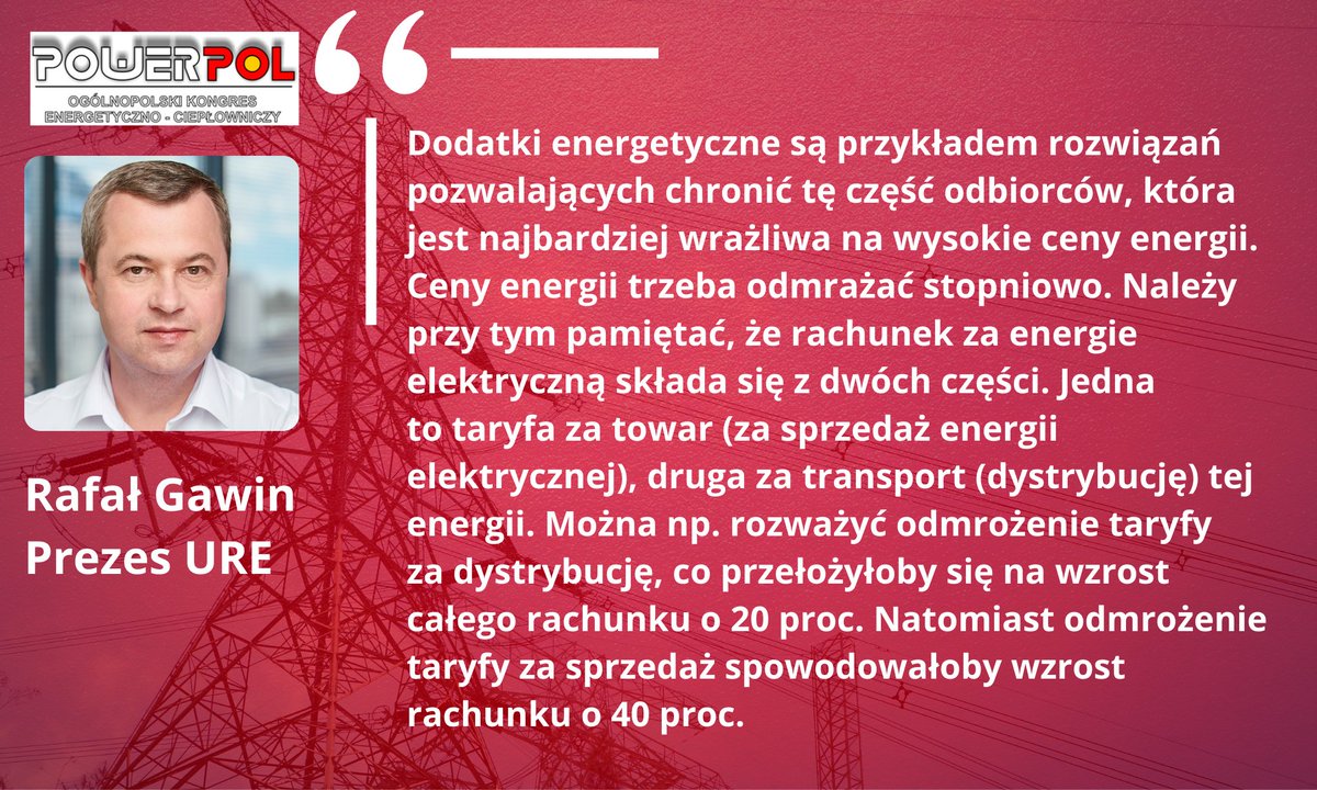 UREgovPL's tweet image. 🗨️Mówiąc o cenach taryfowych, czyli zatwierdzanych przez Prezesa URE, wielokrotnie podkreślałem ich społeczną funkcję – jest to najprostsza z dostępnych ofert, gwarantująca po pierwsze stałą cenę, po drugie stabilność dostaw energii – powiedział prezes #URE podczas #POWERPOL