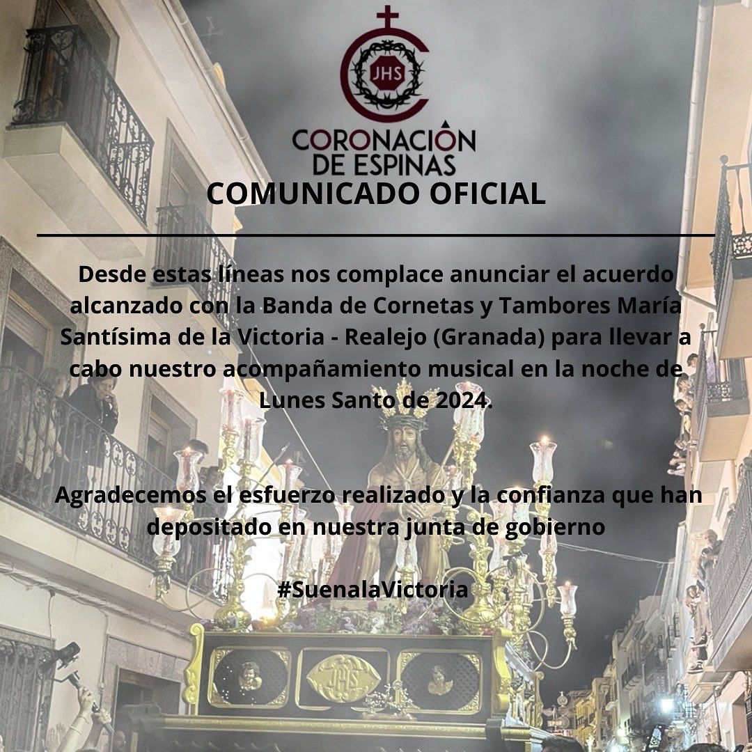 CoronacionE's tweet photo. Desde estas líneas nos complace anunciar el acuerdo alcanzado con la Banda de Cornetas y Tambores María
Santísima de la Victoria - Realejo (Granada) para llevar a cabo nuestro acompañamiento musical en la noche de Lunes Santo de 2024.

#SuenalaVictoria
♥️🖤 https://t.co/8fomBVZwiY