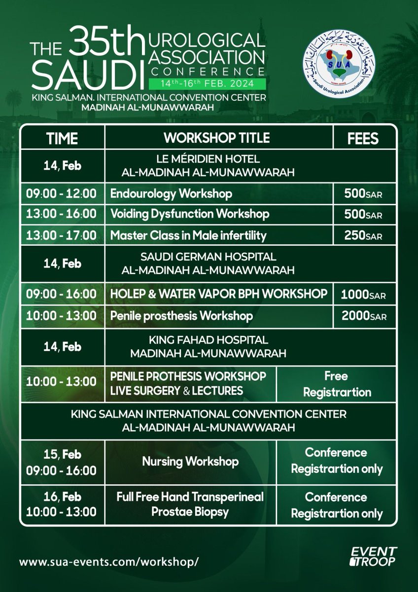 Event Troop (@eventtroop) on Twitter photo Ready to elevate your skills?
Immerse yourself in a variety of empowering workshops at the 35th Saudi Urological Association conference in Almadinah Almunawwarah, Feb 14-16.
🟠Don't miss out–register now
sua-events.com/workshop/
#35SUA
<a href="/saudiurological/">SUA</a> <a href="/raedazhar/">Prof. Raed Azhar | أ.د. رائد أزهر</a> <a href="/Drazizbakhsh1/">عبدالعزيز بخش</a> Ready to elevate your skills?
Immerse yourself in a variety of empowering workshops at the 35th Saudi Urological Association conference in Almadinah Almunawwarah, Feb 14-16.
🟠Don't miss out–register now
sua-events.com/workshop/
#35SUA
<a href="/saudiurological/">SUA</a> <a href="/raedazhar/">Prof. Raed Azhar | أ.د. رائد أزهر</a> <a href="/Drazizbakhsh1/">عبدالعزيز بخش</a>