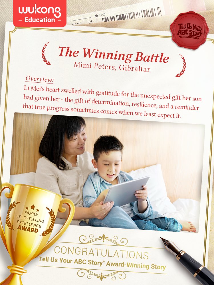 WuKongEducation's tweet photo. #TellUsYourABCStory
Story Title: The Winning Battle
Author: Mimi Peters (Gibraltar)
Award: Family Storytelling Excellence Award

This mother shares her heartfelt journey of teaching her son Chinese. Her writing is delicate, and touches our inner emotions. 💕

Specially invited judges @danielwuyanzu and @vincentyee8 were both moved by her approach to education and her storytelling. 🥰

Her story tells us that learning is full of challenges, but surprises are never in short supply. 

Click to read her story: https://t.co/PZF80fPKg4 

#WuKongEducation  #WuKongChinese #Chineseheritage #AAPI