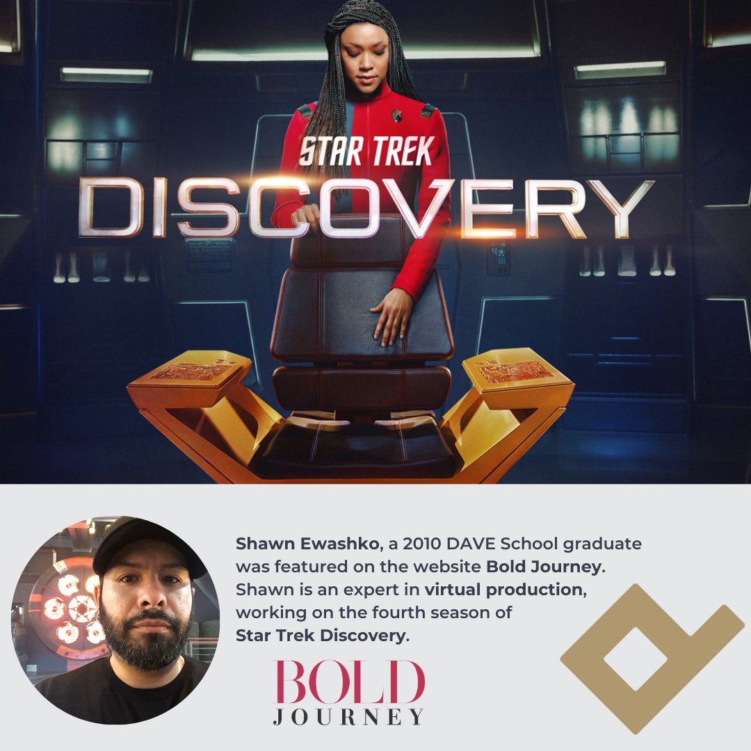 DAVE_School's tweet photo. Shawn Ewashko, a 2010 DAVE School graduate was featured on the website Bold Journey. Shawn is an expert in virtual production, working on the fourth season of Star Trek Discovery. https://t.co/U3GYiGgXk5 #startrek #startrekdiscovery #onlyatdave #vfxschool https://t.co/1AiHrSp2qk