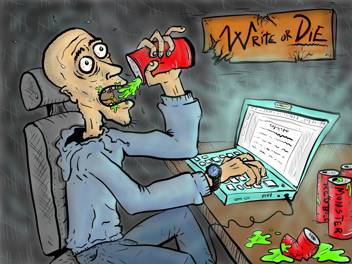 Become an author, they said. It'll be fun, they said 🤪 'Self-portrait' illustrating the frantic gulping down of energy drinks whenever a deadline's curling its icy claws 'round my neck 😂 #authorlife #deadline #handdrawn #digitalart #comicart