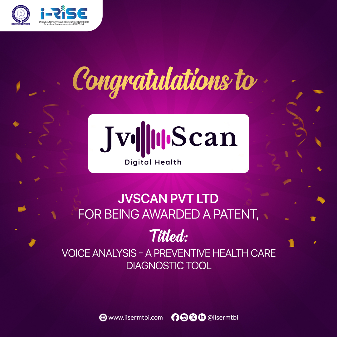 Thrilling update: Our startup, JVScan Pvt Ltd, has secured a patent for their innovative 'Voice Analysis - A Preventive Health Care Diagnostic Tool'! 🌟

A big shout-out to JVScan for pioneering the future of personalized healthcare! 🎉 

#IISERMohali #InnovateForHealth