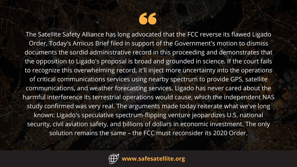 The solution remains the same - The FCC must reconsider the Ligado order. Read our latest statement: 
safesatellite.org/news/satellite…