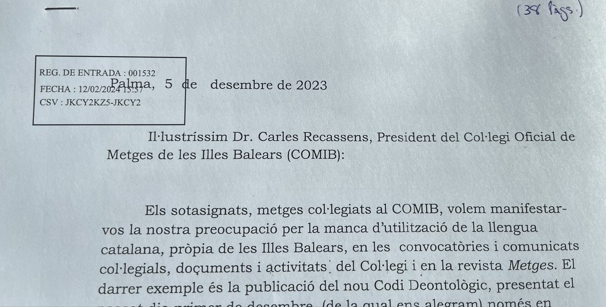 Un grup de metges del col·lectiu @SantXlallengua presenta 319 signatures de col·legiats a  la carta que exhorta a la Junta Directiva del <a href="/COMbalears/">Comib</a> a fer ús del català de forma normalitzada en tots els àmbits del col·legi. <a href="/ocbcat/">Obra Cultural Balear</a>