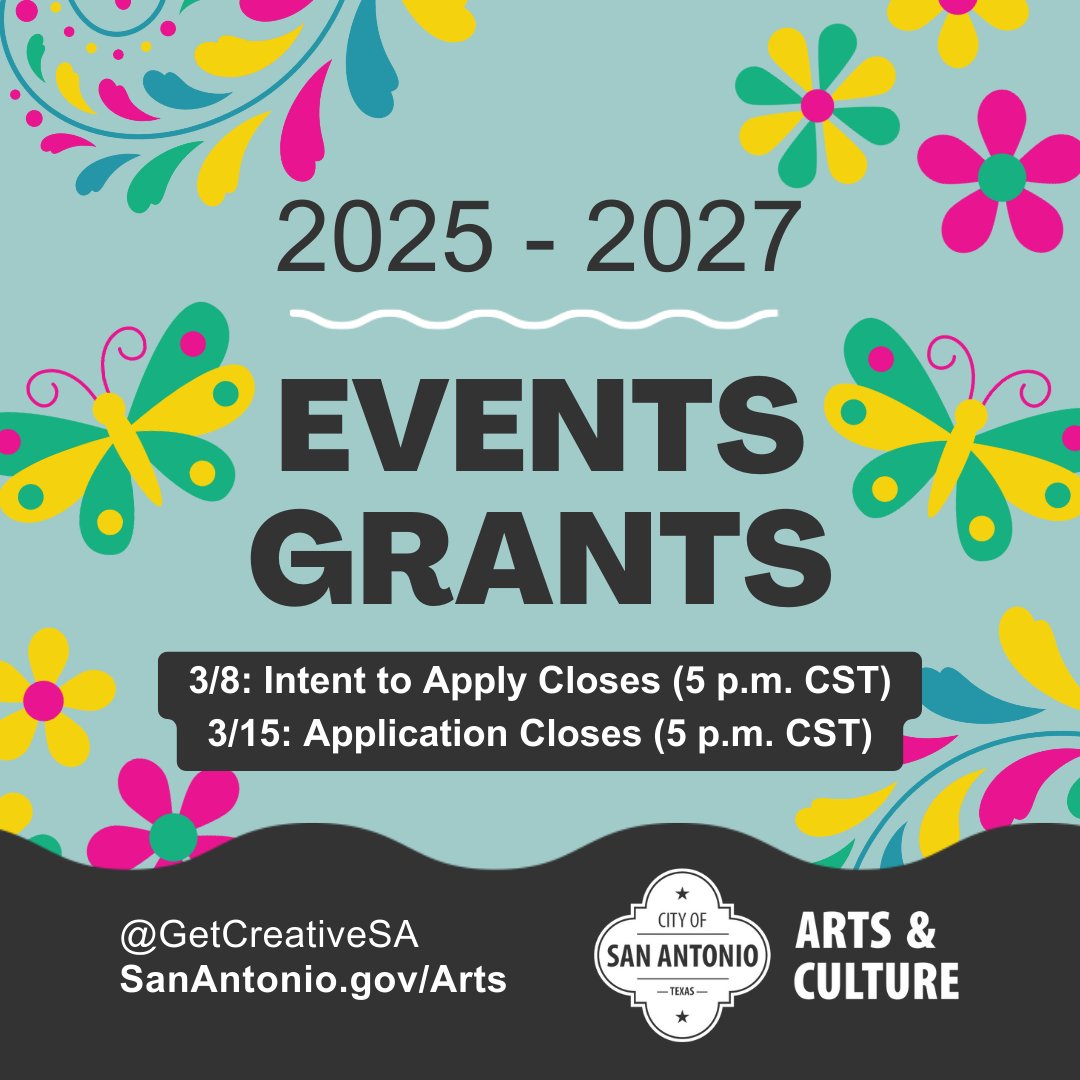 getcreativesa's tweet photo. We are currently offering Events Grants to qualifying nonprofit organizations based in San Antonio. March 8, 2024: Intent to Apply Closes (5 p.m. CST)
March 15, 2024: Application Closes (5 p.m. CST) https://t.co/3n0G0ImCjn https://t.co/5I647s7TF6