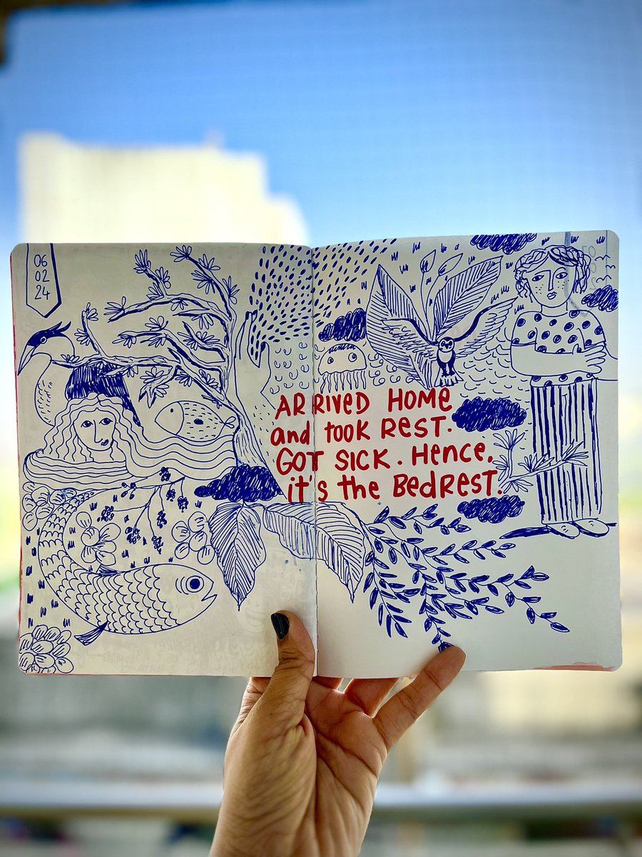 MamtaSinghArt's tweet image. 06.02.2024 | Me trying to explain the Bedrest. 

#doodlejournal #journaling #journalspread #dailyjournal