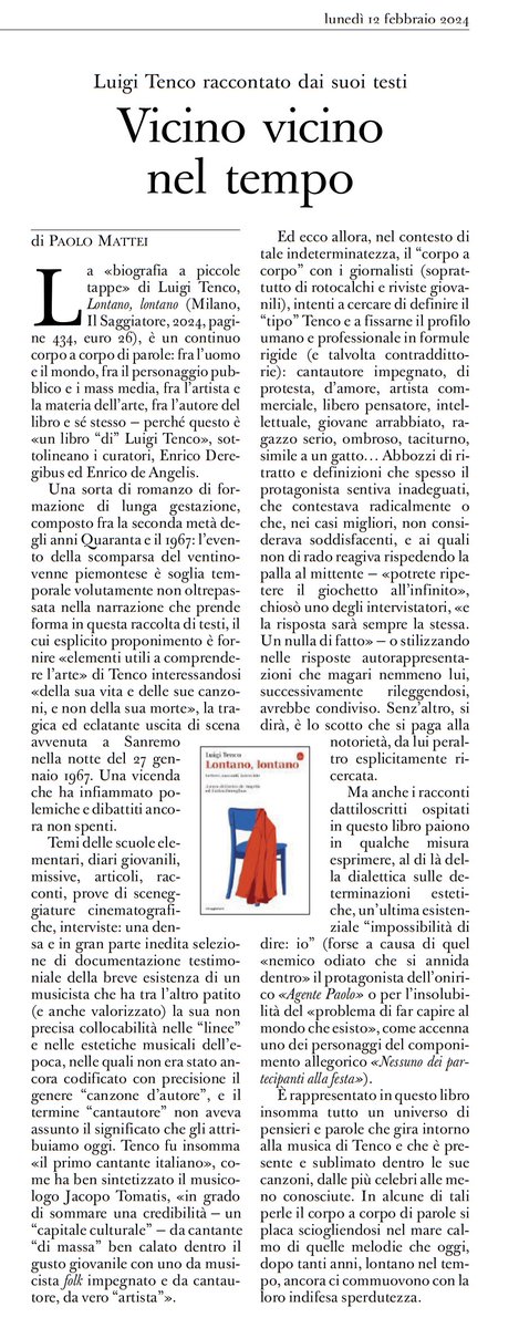 LE PAROLE DI LUIGI TENCO
dall'Osservatore Romano di oggi