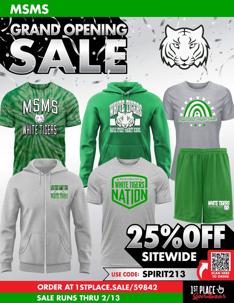 maplemagnet's tweet image. The MSMS spirit wear grand opening sale ends February 13th. This is your last chance to save! Use code SPIRIT213 to receive 25% off and get free shipping on orders over $60. Shop at 1stplace.sale/59842.