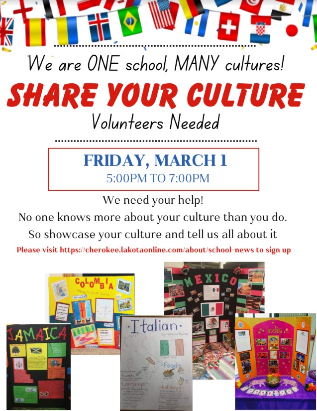 Showcase your culture and tell us all about it! We are looking for families to volunteer to create a poster board to share information about your culture. Additionally, older students are welcome to volunteer to help out at the event. 

signupgenius.com/go/805094FACAC…