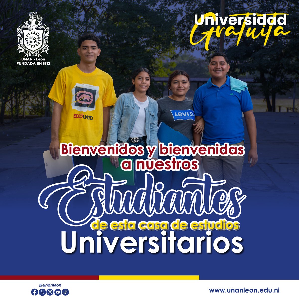 unanleon's tweet photo. Desde esta casa de estudios universitarios, les damos la bienvenidas a todos nuestros estudiantes de primer ingreso y reingreso.
#LaPatriaLaRevolucion #universidadgratuita https://t.co/CaFWzDxjTz