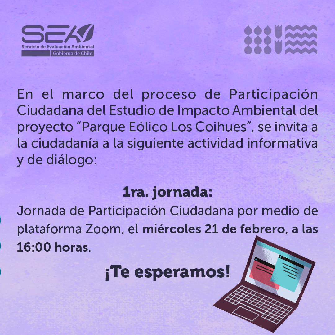 SEA__gob's tweet image. 📚 ¡Atención comunidad de Ñuble!

En el marco del proceso de Participación Ciudadana del proyecto “Parque Eólico Los Coihues”, se invita a la ciudadanía a la siguiente actividad por la plataforma Zoom.

👉🏻Ingresa aquí: us06web.zoom.us/j/86912730589?…