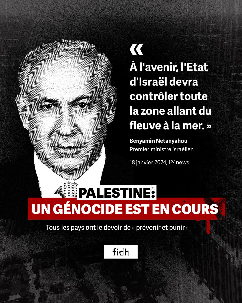 fidh_fr's tweet photo. ⚫️ Le 18 janvier 2024, alors que Benyamin Netanyahu (@netanyahu), premier ministre israélien, prononçait ces mots, les bombardements israéliens avaient tué plus de 32 000 Palestinien·nes.

Aujourd’hui, plus de 35 000 personnes sont mortes, dont 70 % sont des femmes et des enfants.

1,7 million de la population a été déplacée. 

Ceux qui  survivent aux bombardements meurent désormais de faim, de soif, par manque de soins, de médicaments…

Ce génocide en cours contre le peuple palestinien fait partie d’un plan génocidaire déclaré par le gouvernement israélien.

Cette politique génocidaire a été assimilée et est aujourd'hui diffusée par de nombreuses personnalités israéliennes telles que des écrivain·es, des politiques, des chanteur·ses, des journalistes, et même des organisations de la société civile.

Le 26 janvier 2024, la Cour internationale de Justice (@CIJ_ICJ) a considéré « qu’Israël doit prendre toutes les mesures en son pouvoir pour prévenir et punir l’incitation directe et publique à commettre le génocide à l’encontre des membres du groupe des Palestiniens de la bande de #Gaza.»

La @fidh_fr  rappelle également que 152 États - dont les États Unis, la #France, l’Allemagne, l’Angleterre, le #Canada et #Israël - ont ratifié la Convention pour la prévention et la répression du crime de génocide en 1948. 

Article 1 : « Les Parties contractantes confirment que le génocide, qu'il soit commis en temps de paix ou en temps de guerre, est un crime du droit des gens, qu'elles s'engagent à prévenir et à punir. »

@EmmanuelMacron  @POTUS @JustinTrudeau  @Bundeskanzler @RishiSunak @vonderleyen : vous avez le devoir d’arrêter ce génocide en cours et de punir les dirigeant·es israélien·nes, responsables de ces crimes.

Justice pour #Gaza, stop à l’impunité des auteurs d’incitations génocidaires. Stop au génocide en cours.

*Source chiffres : @EuroMedHR - les chiffres comptent les personnes décédées ainsi que les personnes disparues sous les décombres.