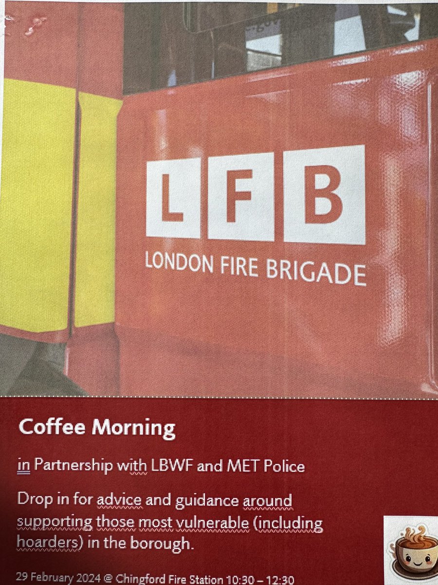 Chingford FS with <a href="/wfcouncil/">Waltham Forest Council</a> <a href="/MPSWForest/">Waltham Forest MPS | North East BCU</a> are holding their first drop in coffee morning for residents/carers in the area to have a chat with those that can provide support or sign post them to those that can. Pop in and join us for a coffee and a chat. 29th February from 10:30.