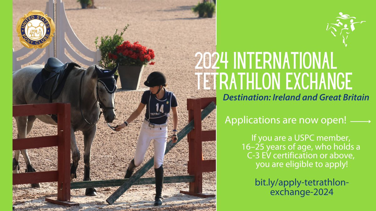 Calling at Tetrathlon riders! The application for the 2024 International Tetrathlon Exchange is now open! Don't miss out on this chance for new cultural experiences and friendly competition!
#uspc #usponyclubs #tetrathlon  #internationaltetrathlonexchange