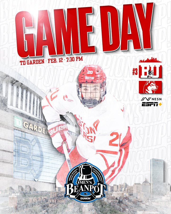 Game day graphic featuring action photo of Lane Hutson in a white Boston University jersey. BU vs. Northeastern at TD Garden for the Men's Beanpot championship. Feb. 12, 7:30 PM, on NESN and ESPN+