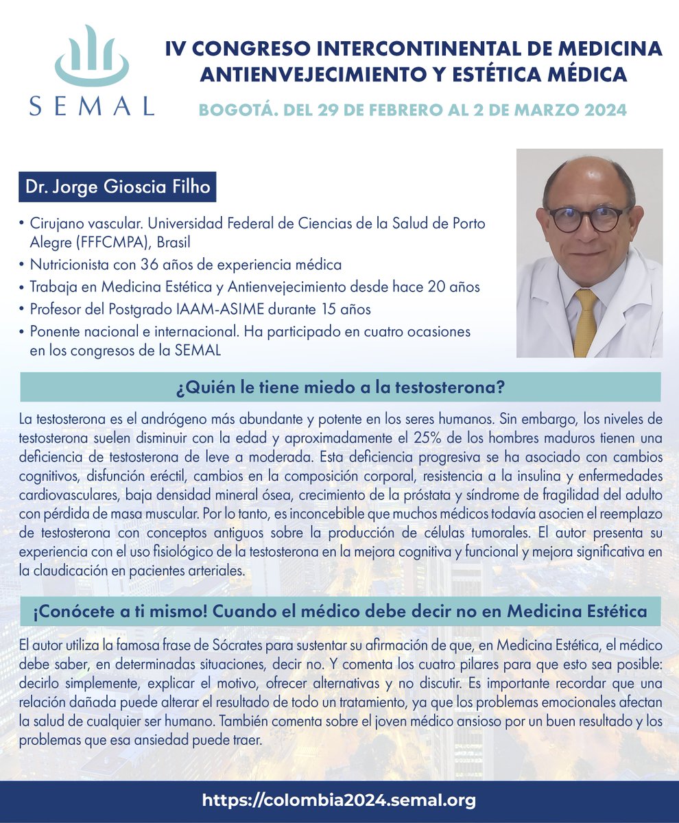 SOCIEDADSEMAL's tweet image. El Dr. Jorge Gioscia (Brasil) será otro de los ponentes de nuestro IV Congreso Intercontinental de Medicina Antienvejecimiento y Estética Médica

Inscríbete en 👉acortar.link/pHAN8C

#semal #sociedadsemal #congresosemalbogota #congresosemal #antienvejecimiento #antiaging