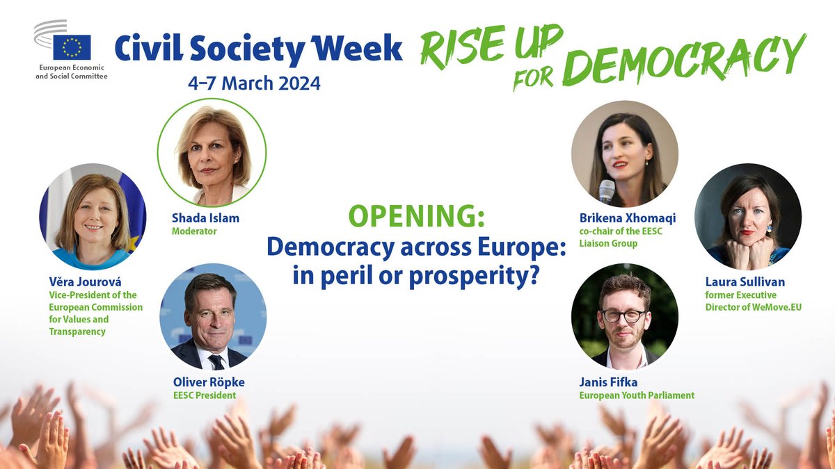 Few more weeks until <a href="/EU_EESC/">European Economic and Social Committee</a> #CivSocWeek 2024!🙌

Join us for an interactive debate on #Democracy across #Europe with <a href="/EESC_President/">Oliver Röpke</a>, <a href="/VeraJourova/">Věra Jourová</a>, <a href="/BrikenaXhomaqi/">Brikena Xhomaqi</a>, <a href="/JanisFifka/">Janis Fifka</a>, and @laura_sullivan, moderated by <a href="/shada_islam/">Shada Islam</a>!

Register here👉europa.eu/!4xqnT4