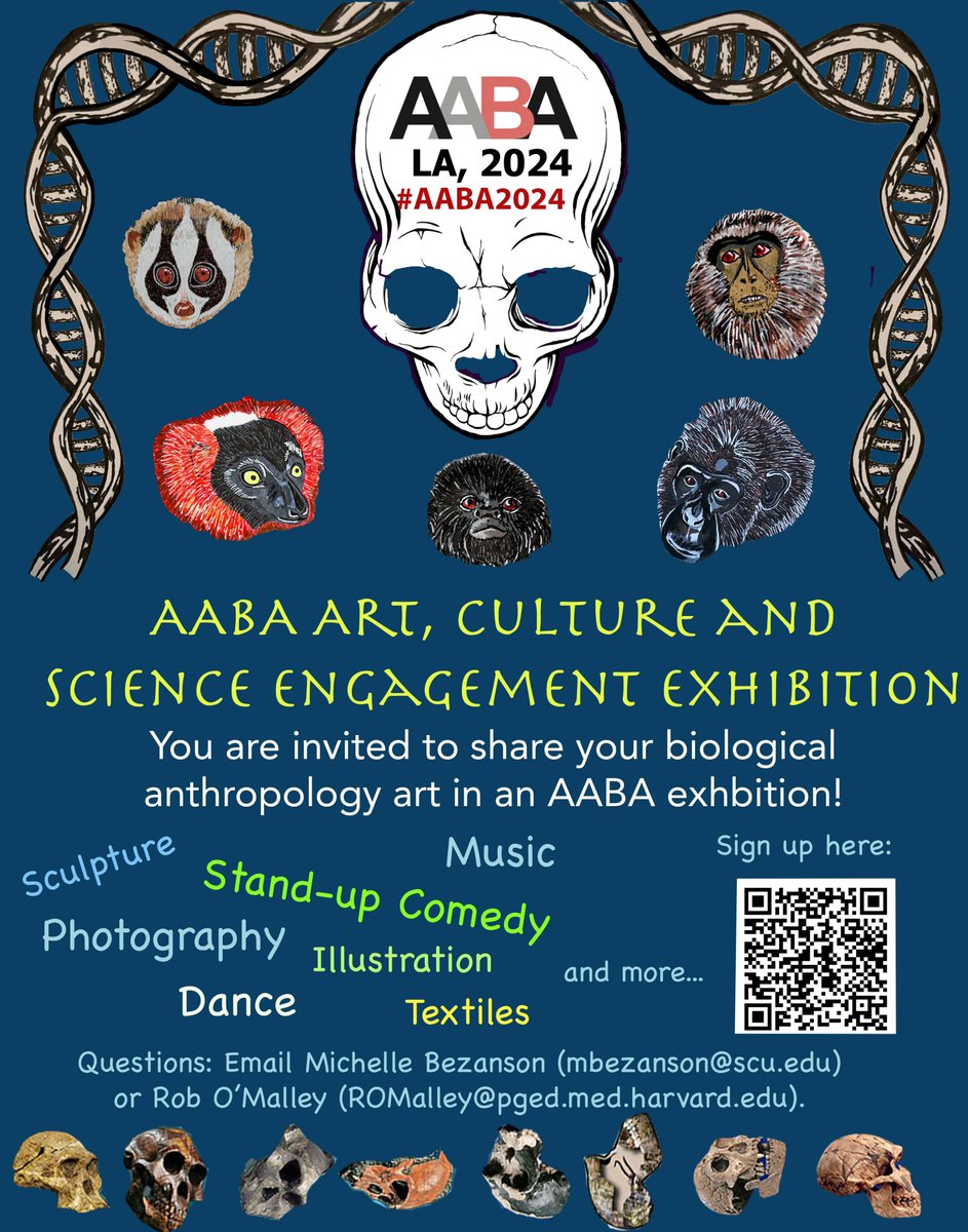 This year's @BiologicalAnth #AABA2024 will include an art, culture and #SciComm expo! If you have photography, painting, sculpture, music, poetry, games, or formal/informal science learning activities to share please consider submitting (link below)! forms.gle/fstZzLVnPNmiHD…