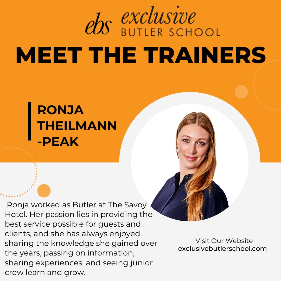 Next up in 'Meet the Trainers' is Ronja! Ronja is our Housekeeping trainer. She works on the Specialised Housekeeping Course, 2 Week Butler School and overseas. #ebs #butler #trainer #overseas #Butlers