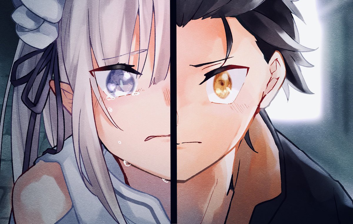 emilia (re:zero) ,natsuki subaru 1boy 1girl black hair looking at another short hair long hair eye contact  illustration images