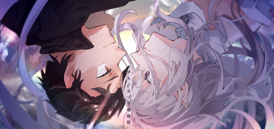 emilia (re:zero) ,natsuki subaru 1boy 1girl black hair looking at another short hair long hair eye contact  illustration images