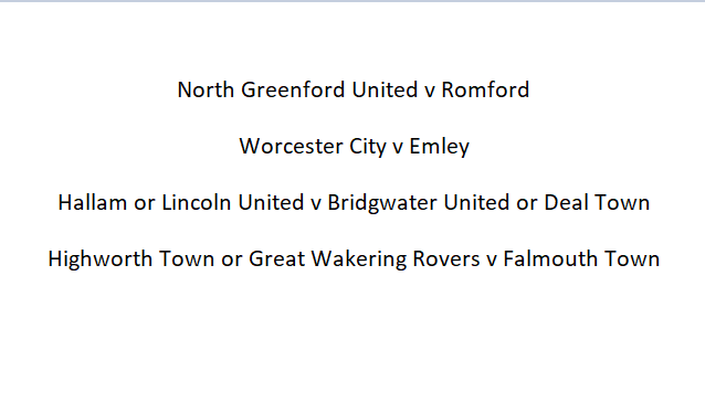 The draw for the FA Vase Quarter Finals have been made.

Ties to take place on Saturday 9th March.