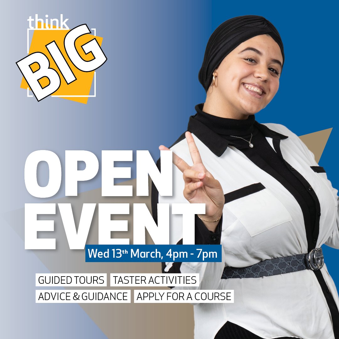 Apply to our March Open Event now!🌟

Join us at our Open Event and learn more about the courses we offer, get an exclusive tour of the college, and stand a chance to win some amazing prizes!

Sign up now!
waltham.ac.uk/events/1981-op…

#OpenEvent #ThinkBIG #CollegeLife