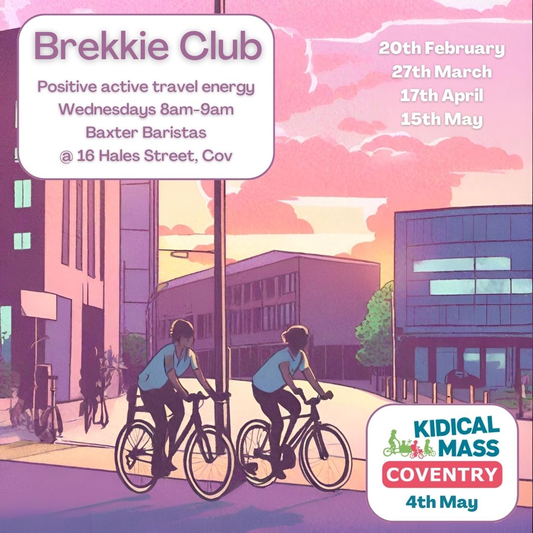 KidicalMassCov's tweet photo. About time we got some dates in the diary for more brekkie club this year!
An informal midweek morning coffee &amp; chat for those wheeling / walking their way to work in Coventry or anyone interested in active travel in &amp; around the city. https://t.co/3qzADzkdEh