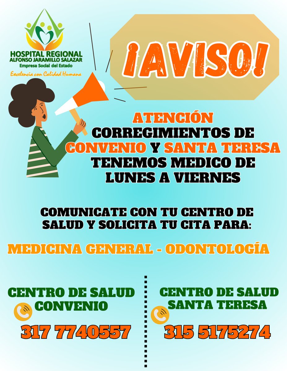 AlfonsoHospital's tweet photo. Aviso importante para nuestros usuarios de los corregimientos de Convenio  y Santa Teresa #LibanoTolima https://t.co/zmPujyEwJD