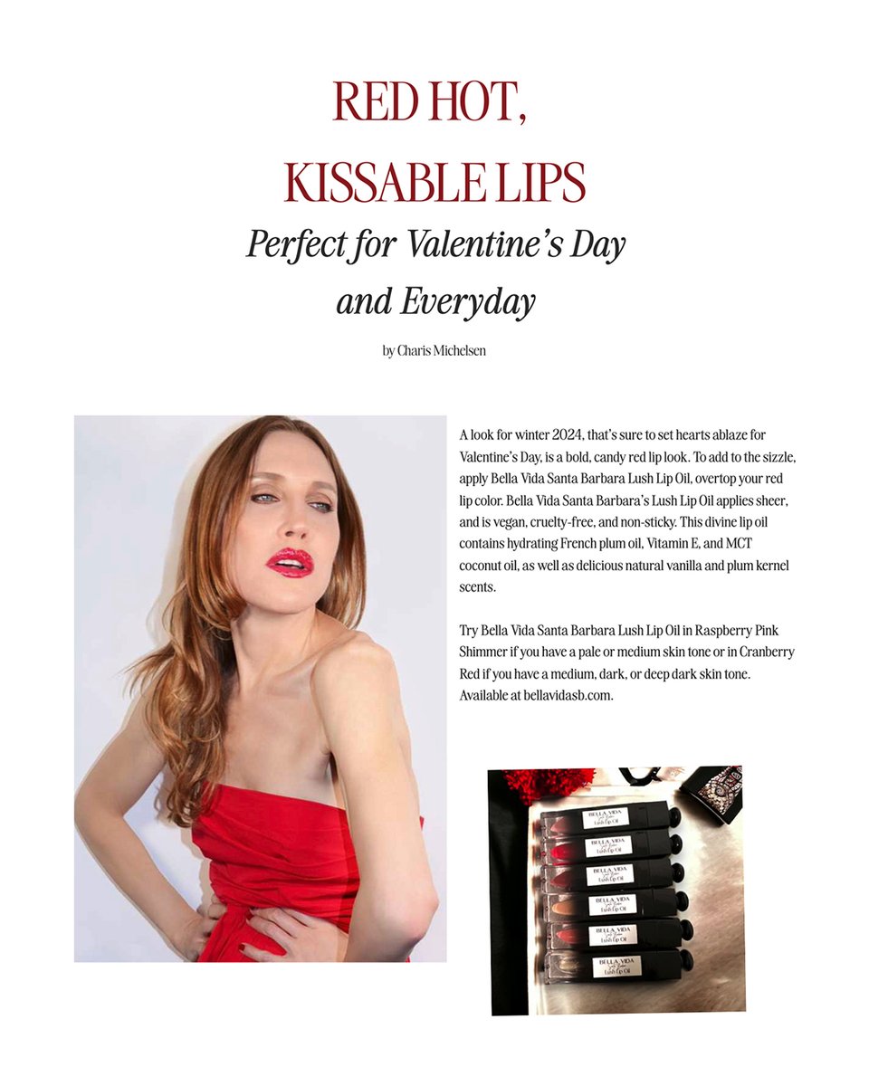 OfficialCharisM's tweet photo. Charis Michelsen shares tips for “Kissable Lips: Perfect for Valentine’s Day and Everyday” in @bellavidamagazine that include luxurious @bellavidasb Lush Lip Oils.

View the article by Charis Michelsen by visiting:  https://t.co/0FoqxchGLD

#hot #ValentinesDay #lips #liplooks https://t.co/2KJzG2rfGA